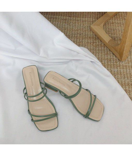 2020 summer new Korean version thick heel slippers women's fashion one word small belt toe set two wear middle heel sandals wholesale
