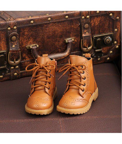 Autumn and winter children's leather Martin boots boys' and girls' boots cotton shoes middle and large children's England baby soft sole leather boots