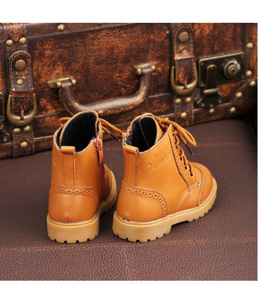 Autumn and winter children's leather Martin boots boys' and girls' boots cotton shoes middle and large children's England baby soft sole leather boots