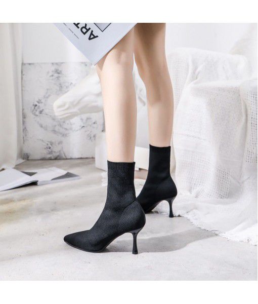 Autumn and winter 2019 women's boots, stretch socks, high heels, high heels, knitted thin boots, thin heels, medium length short boots, pointed toes, bare boots