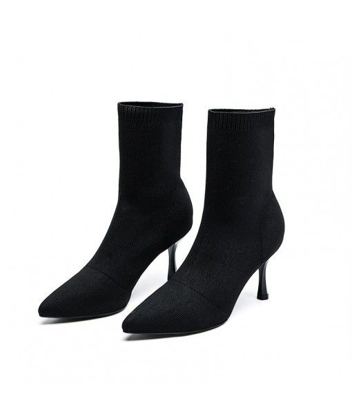 Autumn and winter 2019 women's boots, stretch socks, high heels, high heels, knitted thin boots, thin heels, medium length short boots, pointed toes, bare boots