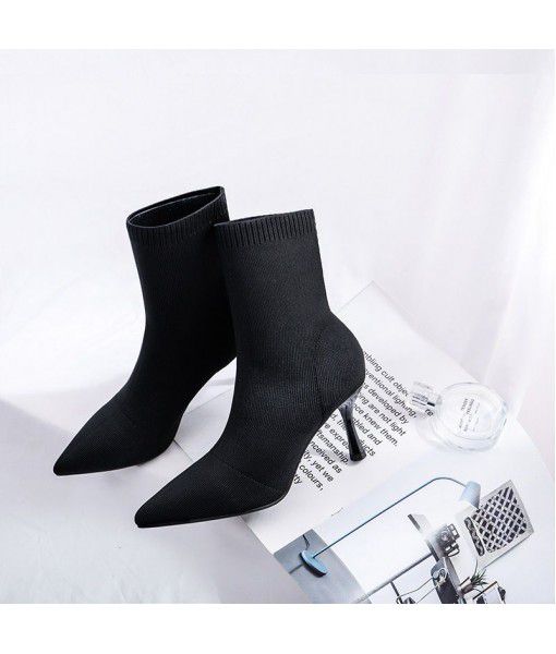 Autumn and winter 2019 women's boots, stretch socks, high heels, high heels, knitted thin boots, thin heels, medium length short boots, pointed toes, bare boots