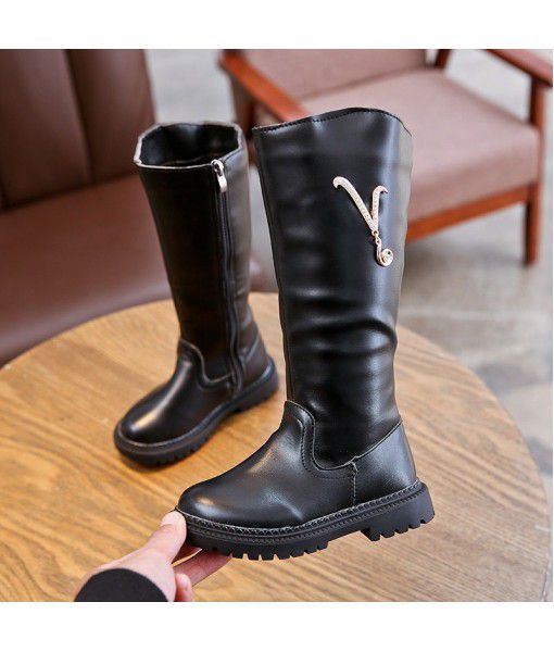 Children's leather boots girls' Plush boots new water drill boots princess shoes fashion trend in 2019 winter