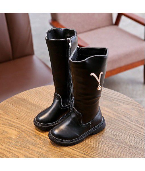 Children's leather boots girls' Plush boots new water drill boots princess shoes fashion trend in 2019 winter