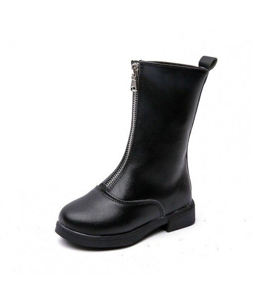 New style children's leather boots with front zipper in autumn and winter 2019