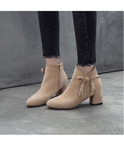 Frosted high-heeled short boots women's fringe boots autumn and winter 2019 new Korean coarse heeled women's high-heeled shoes