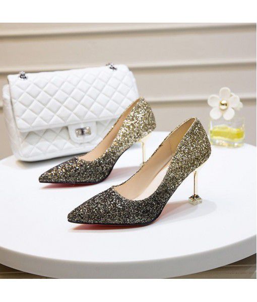 Korean New Wedding Silver pointed high heels thin heels sequins Bridesmaid Wedding Shoes gradual wedding dress women shoes hair