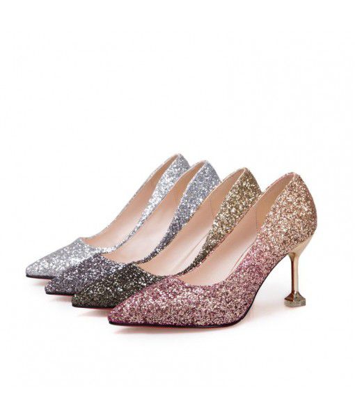 Korean New Wedding Silver pointed high heels thin heels sequins Bridesmaid Wedding Shoes gradual wedding dress women shoes hair