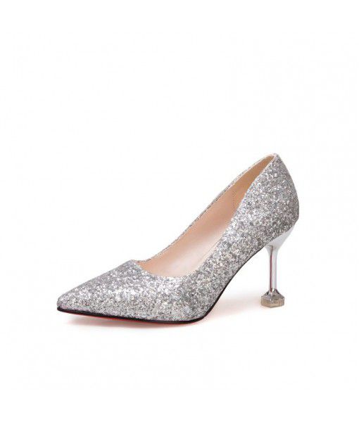 Korean New Wedding Silver pointed high heels thin heels sequins Bridesmaid Wedding Shoes gradual wedding dress women shoes hair