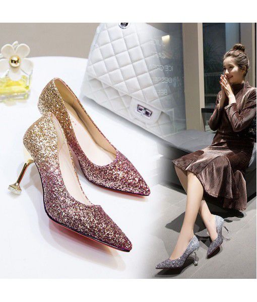 Korean New Wedding Silver pointed high heels thin heels sequins Bridesmaid Wedding Shoes gradual wedding dress women shoes hair